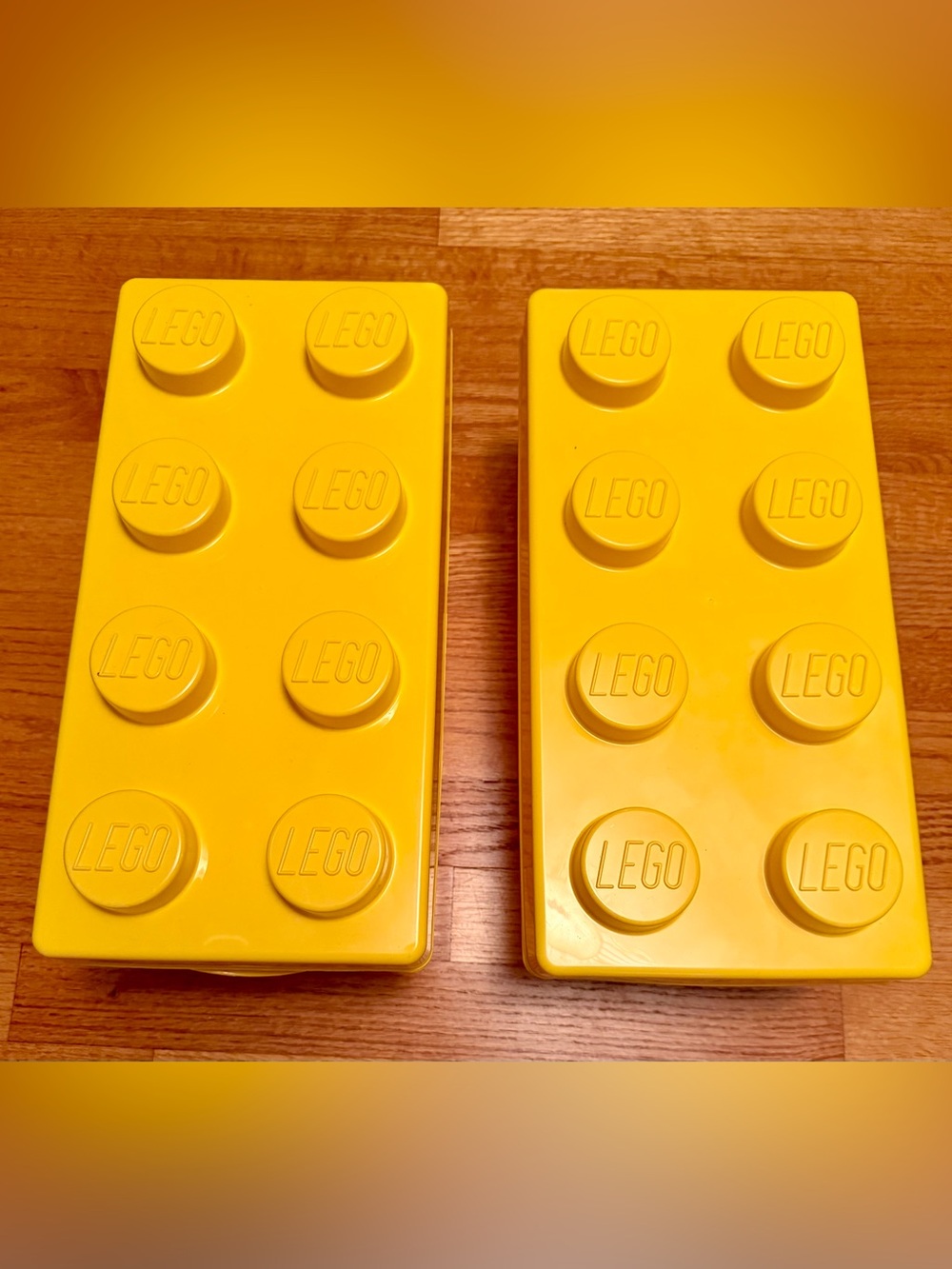 Two (2) LEGO Storage Brick 8 Stud Containers Boxes - Yellow EMPTY 14”x7”x7” Used